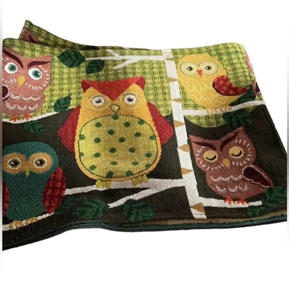 Tapestry Table Runner Owl Theme Multicolored 66.5” x 13” EUC